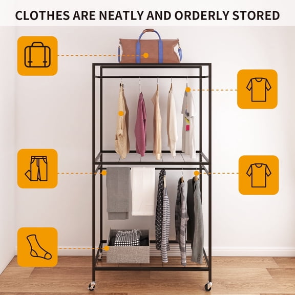 LENLN Garment Rack for Hanging Clothes Heavy Duty Clothes Rack with Shelves, Portable Closet Racks Metal Clothing Racks Freestanding Closet Wardrobe System, Max Load 600lbs, Black
