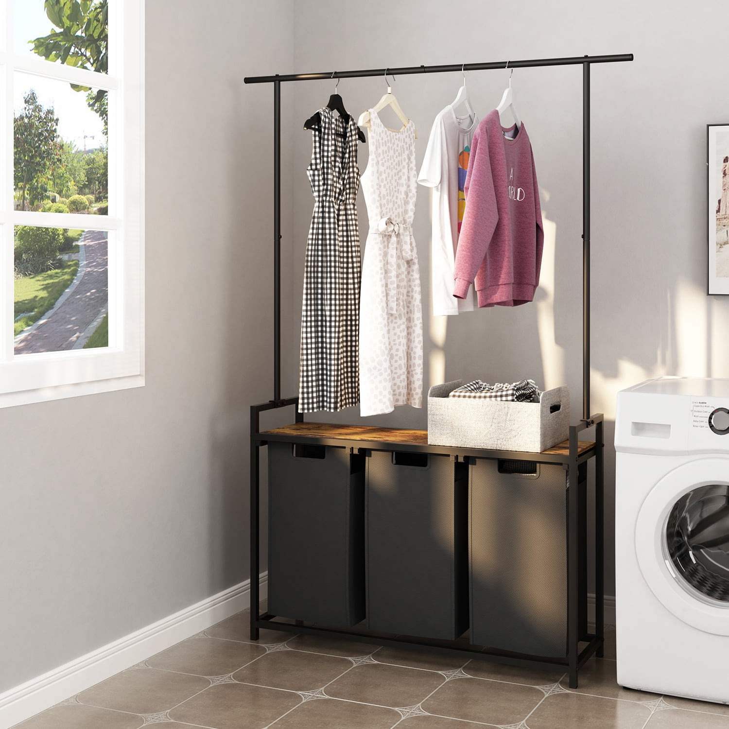 LENLN Large Laundry Hamper with Clothes Rack Hanging Bar, 3 Section Pull-Out & Removable Sorter Bags, Freestanding Laundry Basket Organizer for Bathroom