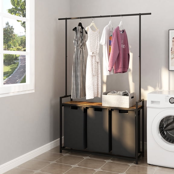 LENLN Large Laundry Hamper with Clothes Rack Hanging Bar, 3 Section Pull-Out & Removable Sorter Bags, Freestanding Laundry Basket Organizer for Bathroom