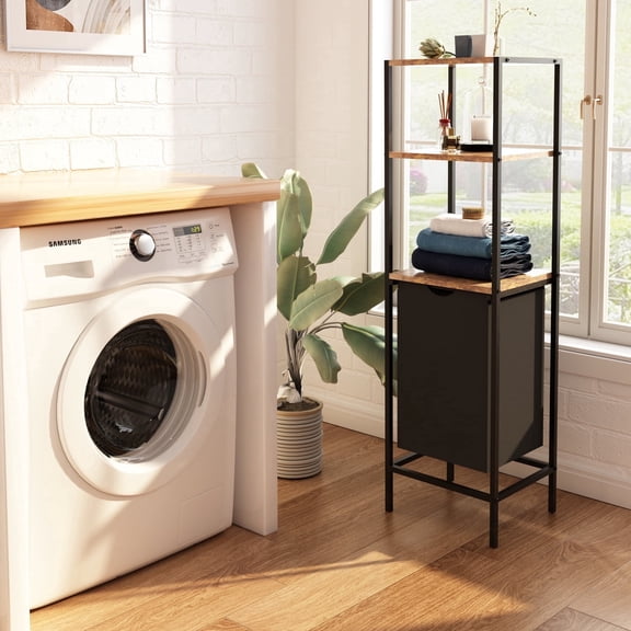LENLN Laundry Sorter Hamper with 3-Tier Wooden Storage Rack - Pull-Out Removable Bag, Laundry Organizer for Bedroom, Bathroom, Laundry Room