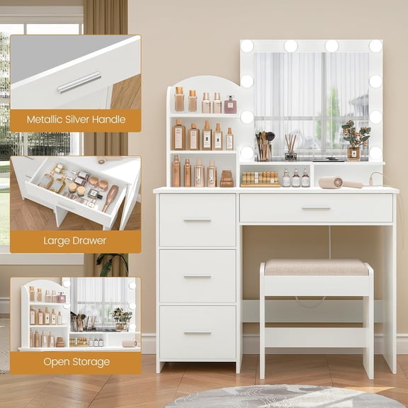 LENLN Makeup Vanity Table with 3 Light Modes, 4 Storage Drawers, Built-in Power Outlets & Hairdryer Holder, Dressing Table with Cushioned Stool