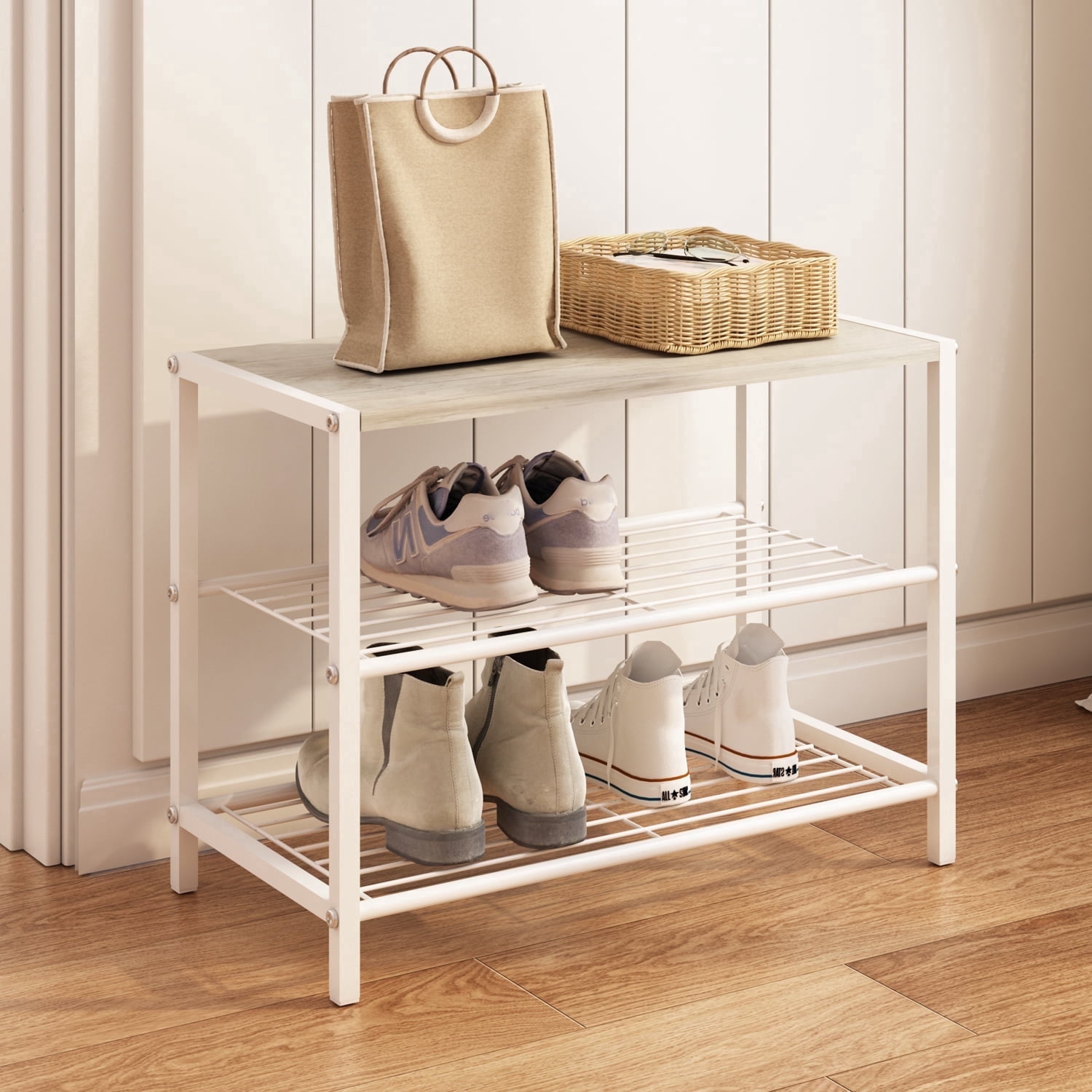 LENLN Metal Shoe rack with wood top, practical storage rack ...