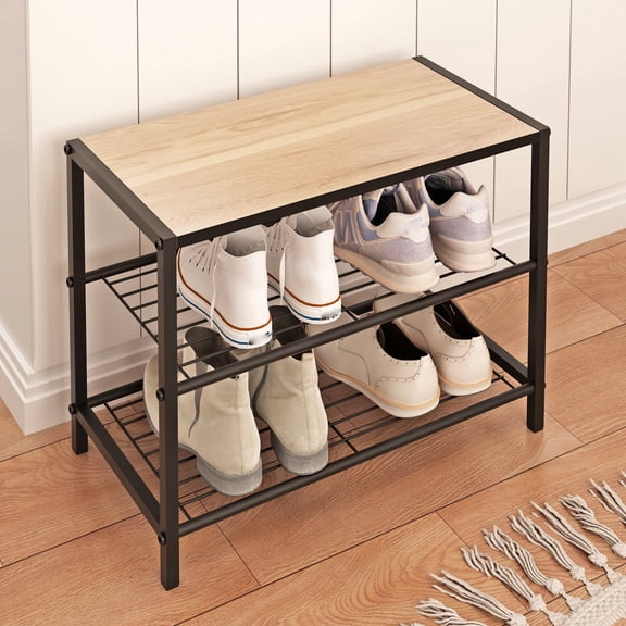 LENLN 3-Tier Shoe Rack Bench, Industrial Shoes Storage Organizer with Metal Frame & Wooden Top,Entryway Shelf for Hallway, Bedroom, Closet, Black