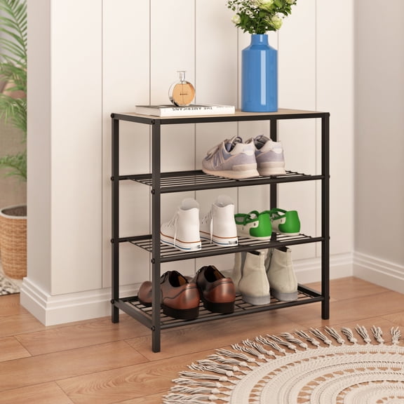LENLN Metal Shoe rack with wood top, practical storage rack, multifunctional storage rack, Shoe Rack Organizer with Storage Shelves and Spacious Top,suitable for entrance hall, living room, bedroom,