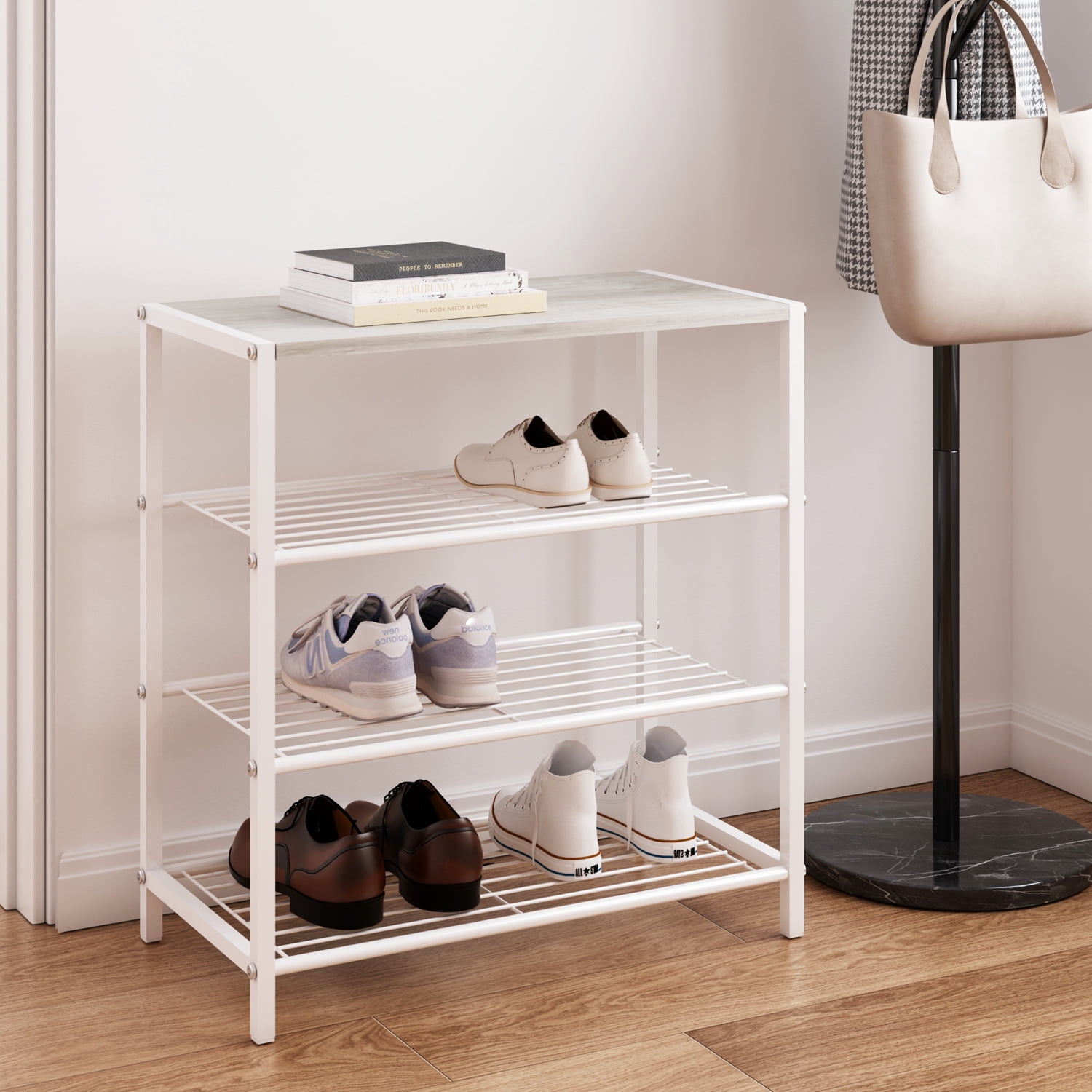 LENLN Metal Shoe rack with wood top, practical storage rack, multifunctional storage rack, Shoe Rack Organizer with Storage Shelves and Spacious Top，suitable for entrance hall, living room, bedroom,