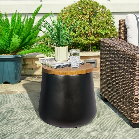 LENLN Modern Flip Top Storage Stool, Indoor Outdoor Versatile Side Table with Hidden Storage, Black & Wood Texture Accent Furniture for Living Room, Patio, Yard