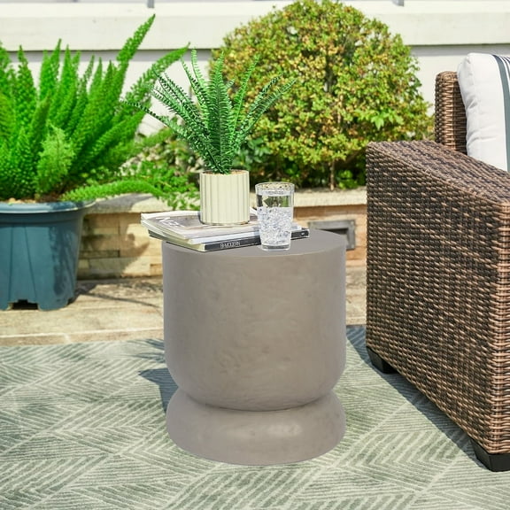 LENLN Modern Textured Stone Outdoor Garden Stool, 13.8"x17.7" Beige Concrete Side Table for Patio, Yard & Deck