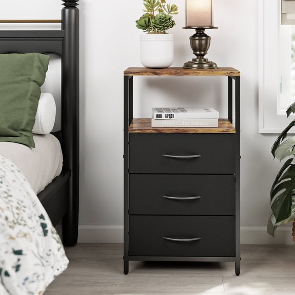 LENLN NightstandSide Table with 3 Fabric Drawers End Table with Open ShelfBedside Table Night Stand for Bedroom ,Closet, Dorm, Rustic Brown and Black