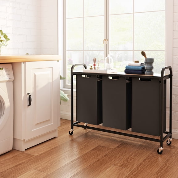 LENLN Rolling Laundry Hamper 3 Section, Laundry Sorter with Shelf & 3 Pull-Out Removable Bags, Laundry Room Storage with Large Top Shelf