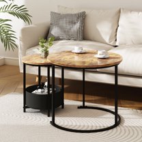LENLN Set of 2 Round Coffee Tables With Storage Basket Sturdy Metal Frame Nesting Coffee Table Side Table for Living Room Balcony Office Modern Industrial Simple Nightstand