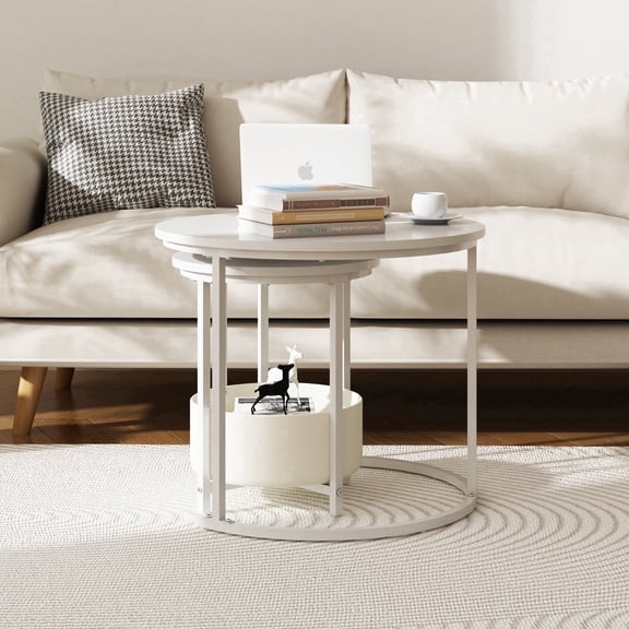 LENLN Nesting Round Side Table Set of 2, Metal Frame with Storage Basket for Modern Homes Living Room Balcony Office