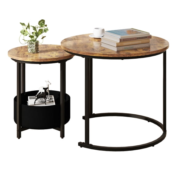 Round Nesting Coffee Table Set of 2, Accent Pieces with Storage Basket,Metal Frame Modern Industrial Decor for Living Room Balcony Homes Office