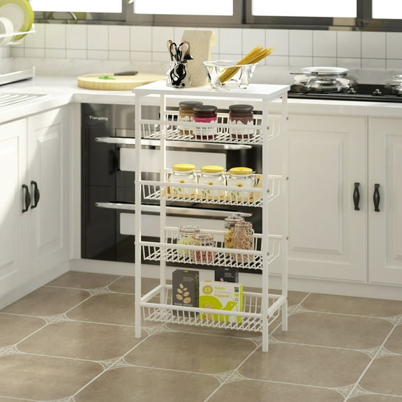 LENLN Slim Storage Rack, 5-Tier Narrow Storage Shelves with Wood Top, 8.7 Inches Deep, Metal Frame,Organization and Storage,for Kitchen, Dining Room, Living Room, Home Office, Rustic Brown and White