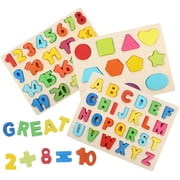 LENNYSTONE Wooden Alphabet Number Shape Puzzles for Toddlers Age 3-6 Year, Preschool Learning Toys