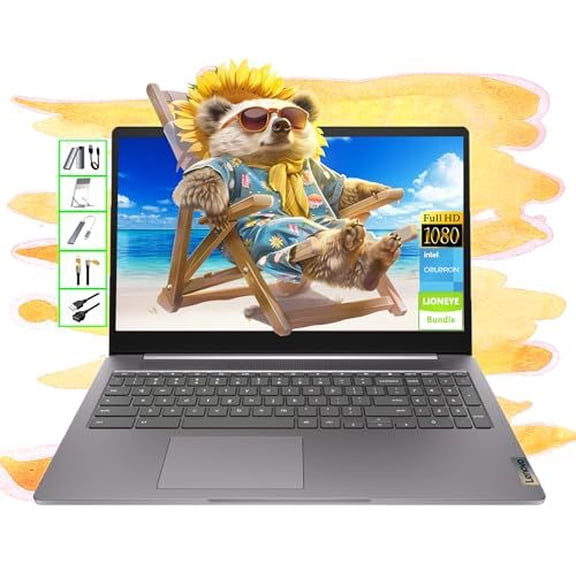 LENOVO Chromebook 15.6" FHD Laptop - 4GB RAM, 64GB SSD + 64GB microSD + 128GB portable SSD (LE Bundle), Intel 2-Core, Chrome OS with Gemini-AI.