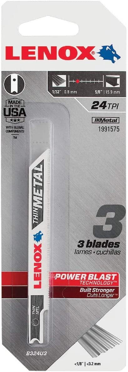 LENOX Tools 1991575 U-Shank Thin Metal Cutting Jig Saw Blade, 3 5/8-Inch X 3/8-Inch 24 TPI, 3-Pack