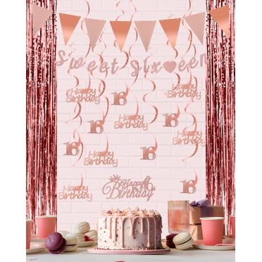 KOKAR Sweet 16 Party Decorations - Rose Gold Banner, Pom Poms & Garland Set