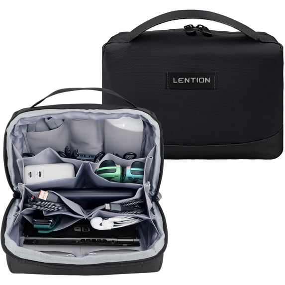 LENTION Premium Electronics Organizer Case with Handle, Large Multi-Compartment Travel Tech Bag for Tablet, Macbook Chargers, Cables, AirPods, Hard Drive Case Waterproof Travel Accessory(M372 Black)