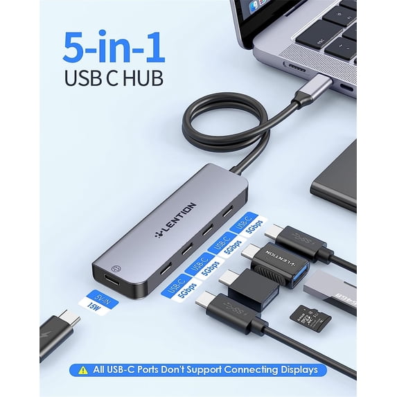 LENTION USB C Hub, 5-in-1 USB C to USB C Multiport Adapter with 2FT Long Cable, Type C Hub with 4 USB C Port & USB C Powered, USB C Splitter Extender for Laptop MacBook Pro/Mac Air/iMac, More(CE31)