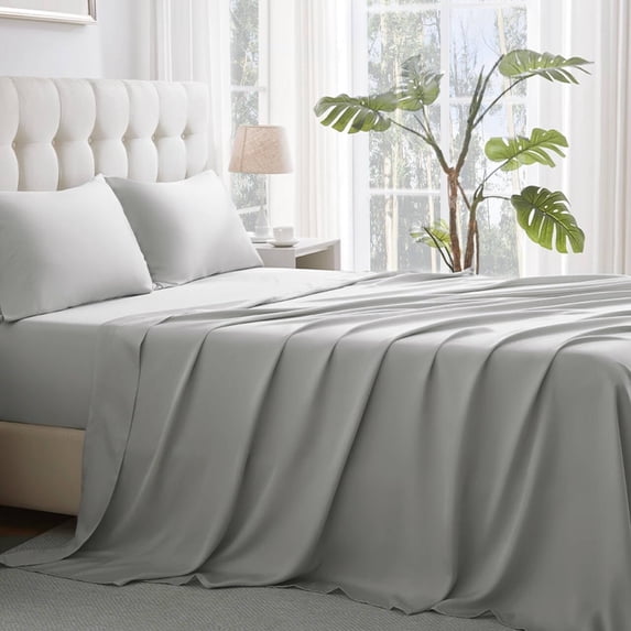LENZING(TM) Tencel(R) Lyocell Size Sheet Set, 15" Deep Pocket & Cooling for Hot Sleepers Silky Smooth Soft Breathable Luxury Light Grey Bedding 4 count Sheets