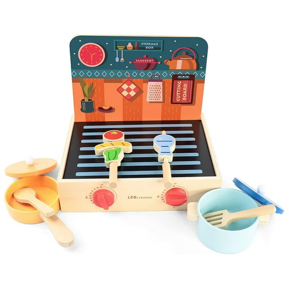 LEO & FRIENDS: 2-In-1 Mini Kitchen Wooden Play Set - 15pcs - Grill Stove Top & Accessories, Food-Cooking-Baking Pretend Play, Kids & Toddlers Ages 2+