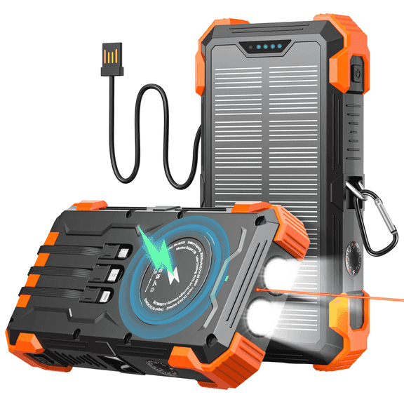 42800mAh Solar Power Bank with 4 Cables, 15W Fast Charging for iPhone/Android, Wireless Portable Charger with Dual Flashlight for Outdoor Camping