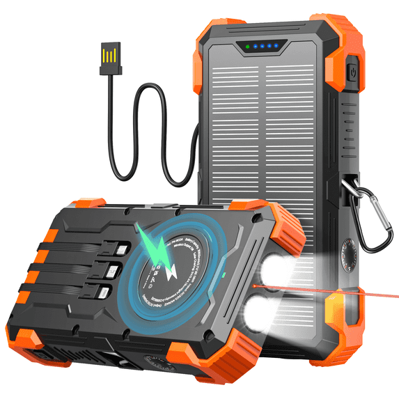 LEO WAY 42800 mAh Orange IP65 Waterproof Solar Power Bank with Wireless USB-C Charger and LED Flashlight