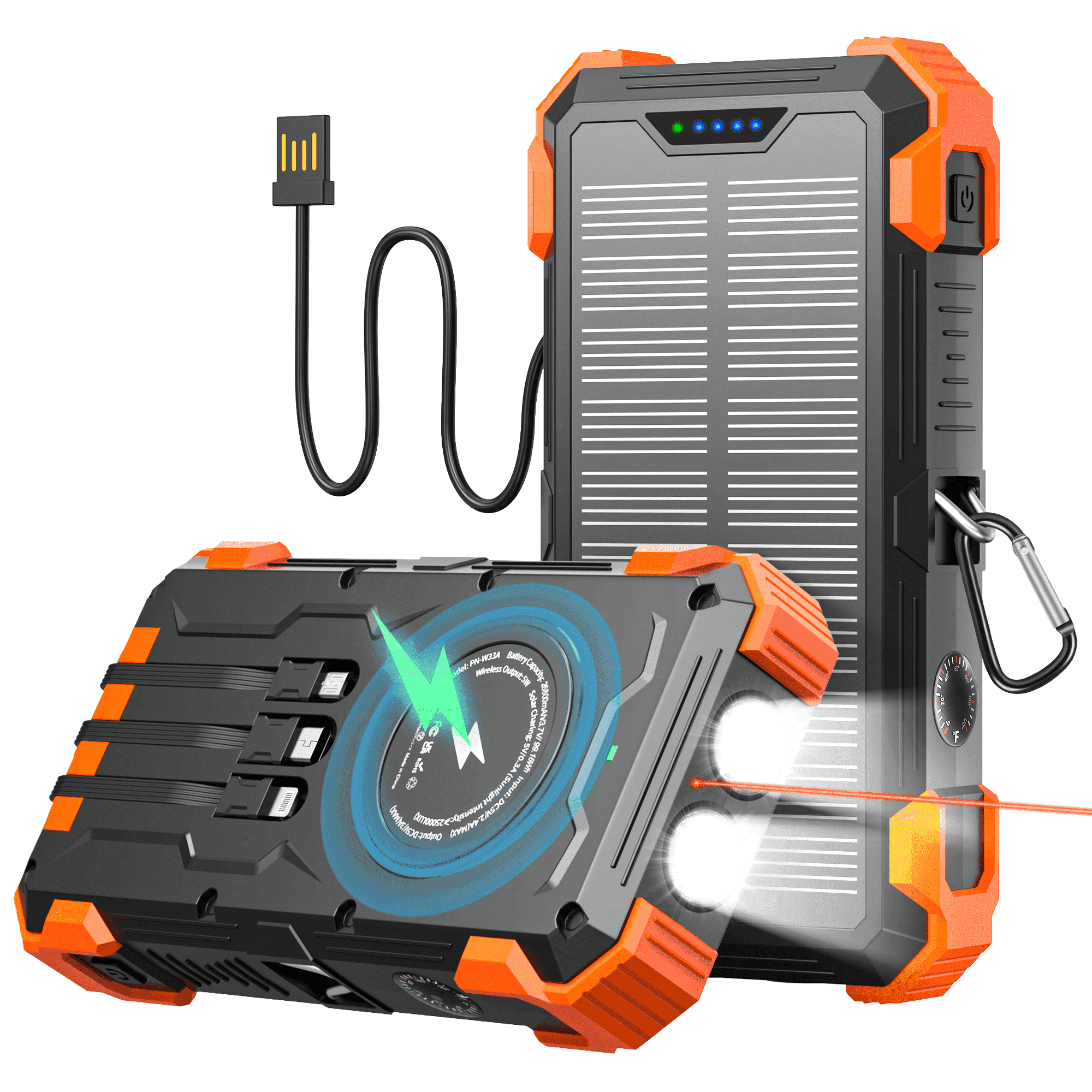 LEO WAY 42800mAh Solar Power Bank with 4 Cables & 3 Ports, 15W Fast Charge , Wireless Charger with LED Light, Carabiner, Waterproof Power Banks for Cell Phones