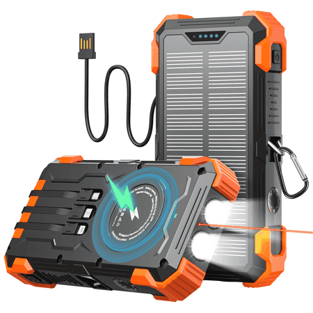 42800mAh Solar Power Bank with 4 Cables, 15W Fast Charging for iPhone/Android, Wireless Portable Charger with Dual Flashlight for Outdoor Camping(Orange)