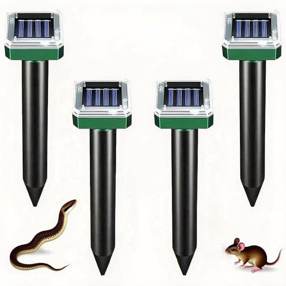 LEOFI 4 Pack Mole Repellent Solar Powered, Square Head Solar Mole Repellent Stake, Solar Animal Repeller, Ultrasonic Deer Repeller for Lawn Garden Yard, Weatherproof Dark Green