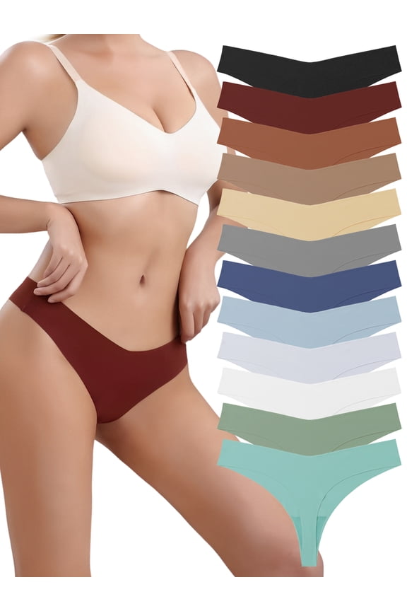 Seamless Thongs for Women No Show Panties V-waisted Stretch Ladies Underwear 12 Pack, S-2XL