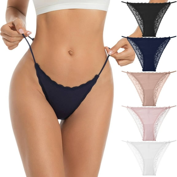 LEOKE Cotton Underwear for Women String Bikini Panties Sexy Lace Cheeky Briefs 5 Pack S-XL