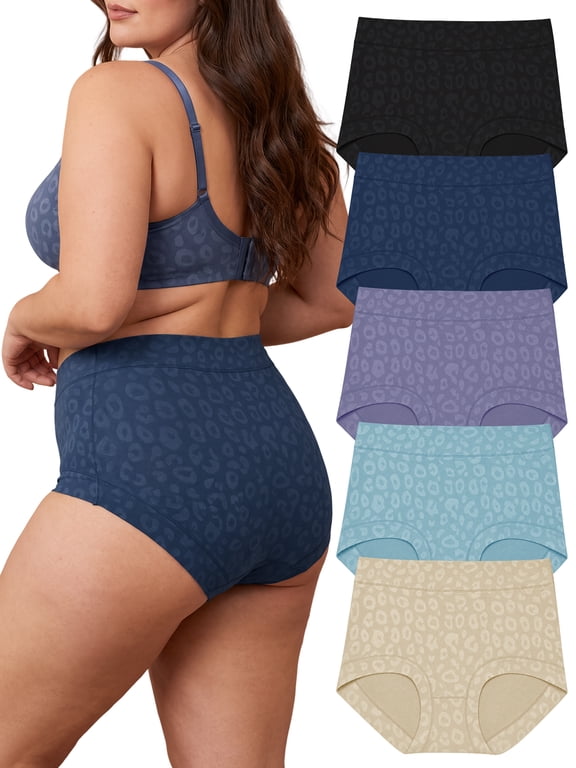 Women's Underwear Sizes 8-13 High Waisted Briefs Panties 5 Pack, Leopard Print