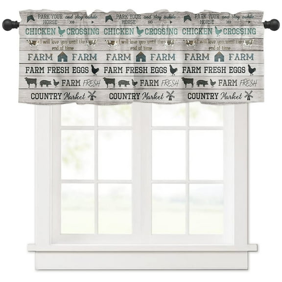 LEOKOTI Valances for Windows, Farmhouse Animals Light Filtering Window Valance Curtains for Living Room/Bedroom/Bathroom, Rooster Pig Cow Rustic Beige Wood Rod Pocket Kitchen Curtains 42"W x 12"L