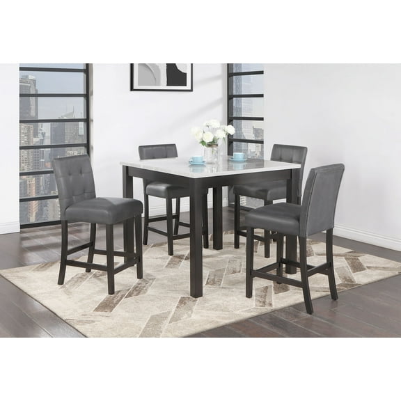LEON 5-Piece Bar Dining Set Square Faux Marble Bar Table with 4 Upholstered Bar Stools, Solid Wood & MDF Construction, Espresso & White Finish, Seats 4