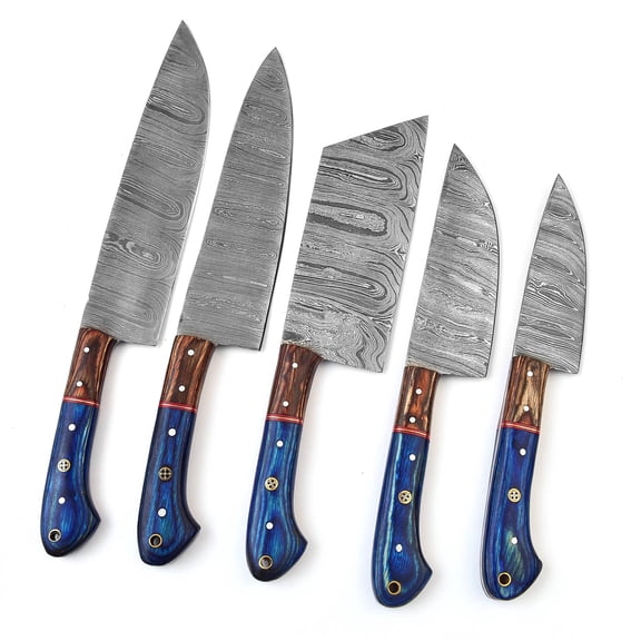 LEONA CRAFT Custom Handmade Damascus Steel Chef Set Knives with Leather Pouch 5 PCS Poplar Home Professional Knife Without Block Cool Blade Wood Handle Utensils Tops Tools Paring Knifes (011) Y101