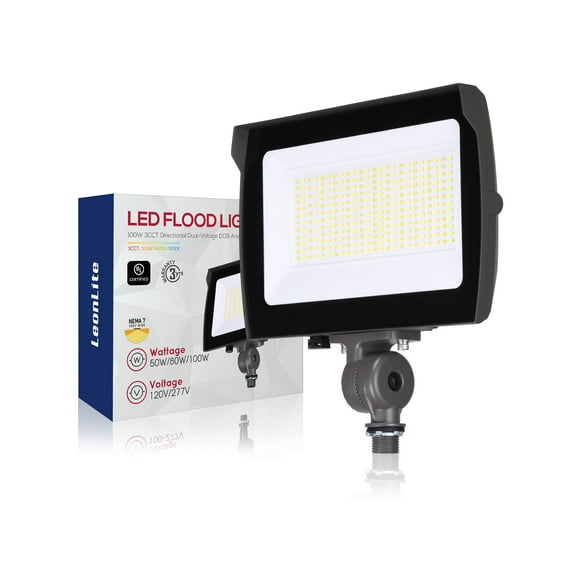 3CCT LED Outdoor Flood Light with Knuckle Mount, UL Listed, 100W/80W/50W Adjustable, 120/277V, IP65 Waterproof, Bronze