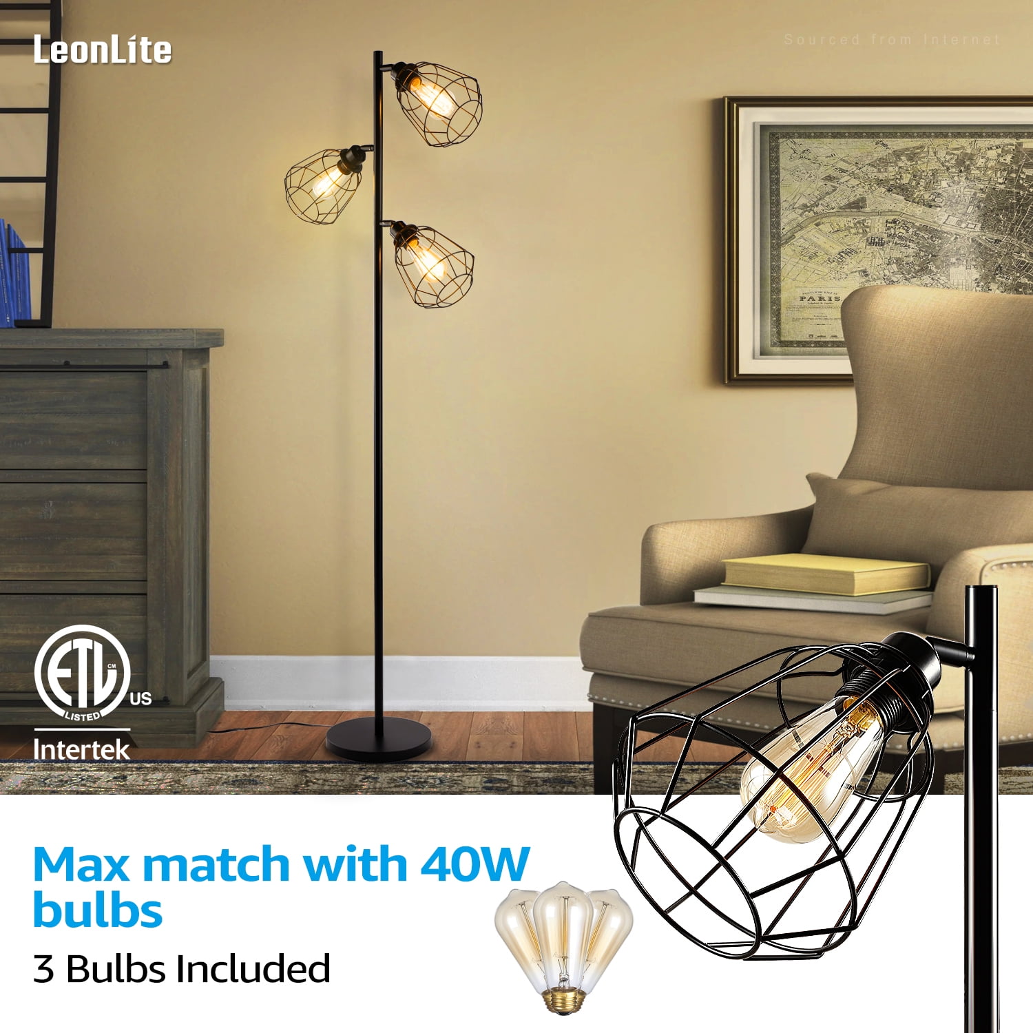 Leonlite 3 Light Standing Lamps For Living Room Floor With Head Black Cage E26 Vintage Edison Bulbs Ul Listed Plug Com