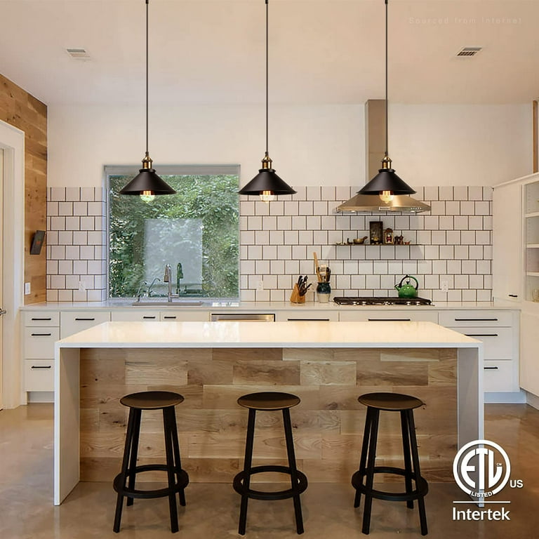 Leonlite 3 Pack Industrial Hanging Pendant Light UL Listed Adjustable Cord Ceiling Lights for Kitchen E26 Socket Black