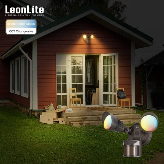 LEONLITE 3CCT Selectable LED Security Light, Motion Sensor LED Flood Lights, 2500lm, 2-Head Adjustable, Dusk to Dawn, Aluminum, 25W(200W Eqv.), Bronze