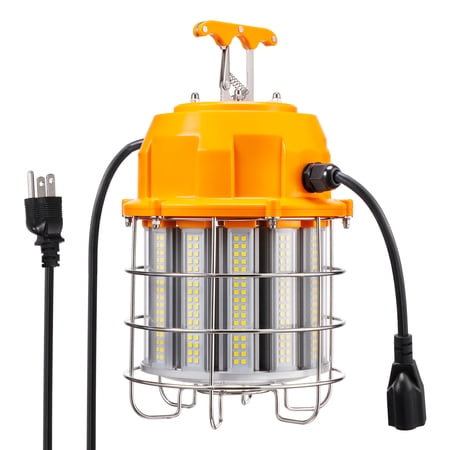 100 Watts LED Temporary Work Light, Durable Jobsite Lighting, Stainless Steel Protective Cover Portable Hanging Lamp, for Warehouse High Bay Outdoor Construction Fixture