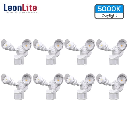 LEONLITE LED Security Light, Motion Sensor Flood Lights Outdoor, Dusk to Dawn & Motion Detector 3 Modes, Adjustable 2-Head, IP65 Waterproof, 20W(150W Equiv.), 5000K Daylight, White, Pack of 8
