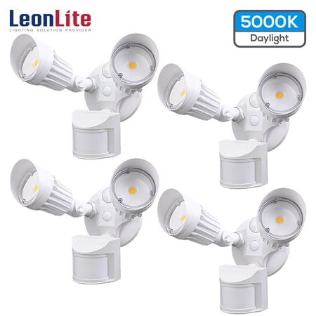 LEONLITE LED Security Light, Motion Sensor Flood Lights Outdoor, Dusk to Dawn & Motion Detector 3 Modes, Adjustable 2-Head, IP65 Waterproof, 20W(150W Equiv.), 5000K Daylight, White, Pack of 4