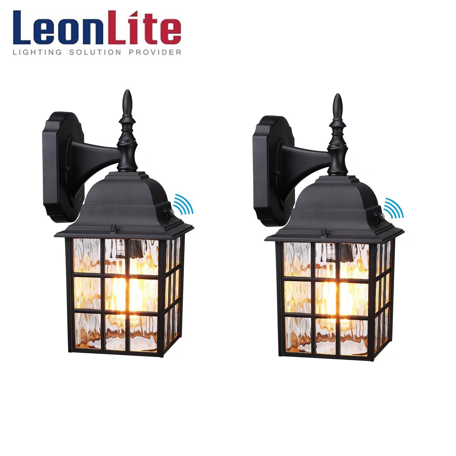 LEONLITE Outdoor Dusk to Dawn Wall Lantern, Photocell Included, UL Listed, Water Ripple Glass Exterior Wall Sconce, E26 Base Bulb Compatible, Wet Location Porch Light, Black, Pack of 2