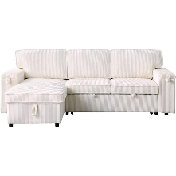 LEONX Sectional Sleeper Sofa with Storage Chaise, L-Shaped Corduroy Couch, Pull Out Bed (Beige)
