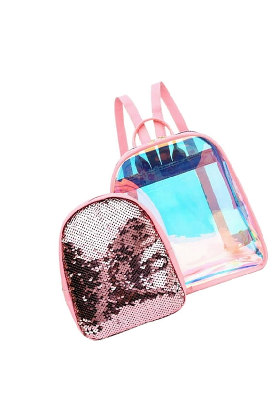 Casual Satchel Pink PVC Sequin Backpack for Women Students 1 Set