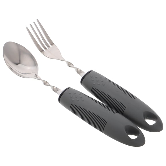LEORX 1Set Weighted Eating Utensils for Elderly Grey Stainless Steel Adaptive Fork and Spoon with Antitremor Design
