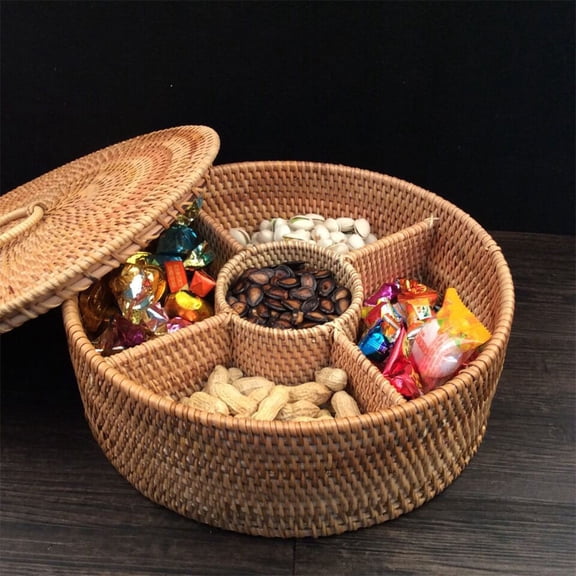 LEORX 1 Set Woven Storage Basket with Lid for Sundries Organization Light Brown Round Design