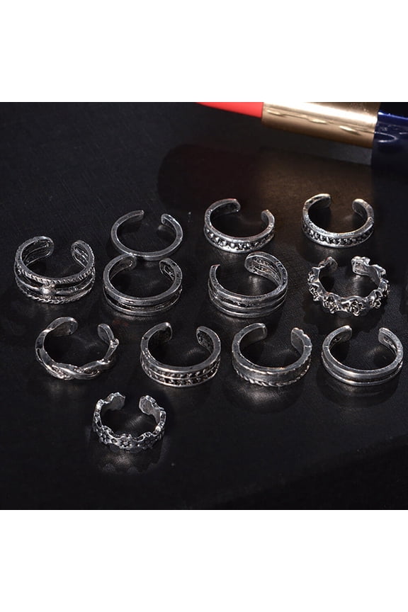 12-Pcs Toe Jewelry for Women Silver Fashion Simple Retro Carved Adjustable Foot Rings