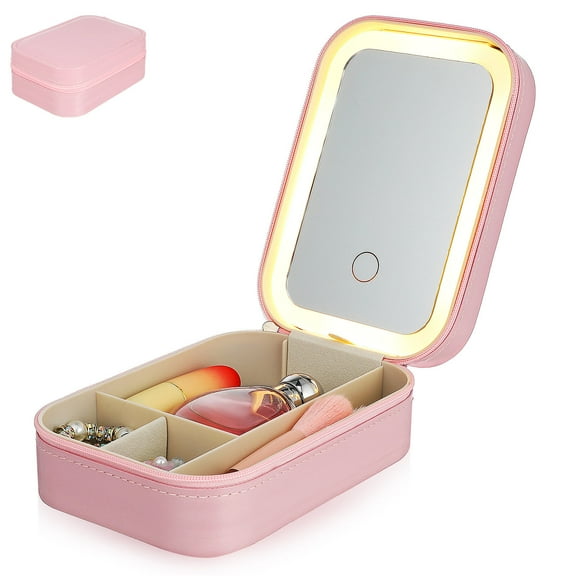LEORX 1Pack Portable Makeup Case With Mirror Pink Rectangular Led Lighting Adjustable Brightness